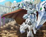  cape dust fantasy green_eyes highres holding holding_shield holding_sword holding_weapon looking_at_viewer mecha moyashi_(karamisouma) original shield solo sword twisted_torso v-fin wall weapon 