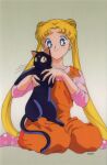  1990s_(style) 1girl animal bangs bishoujo_senshi_sailor_moon black_cat blonde_hair blue_eyes cat grey_background holding holding_animal holding_cat long_hair long_sleeves luna_(sailor_moon) no_shoes official_art simple_background sitting smile suspenders tsukino_usagi twintails wariza 