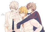  3boys :d ^_^ absurdres arm_up bangs black_neckwear black_sweater blonde_hair blush brown_eyes closed_eyes closed_mouth collared_shirt commentary_request ex_albio eyebrows_visible_through_hair fuwa_minato green_eyes grey_hair hair_between_eyes half-closed_eye highres jacket kuzuha_(nijisanji) long_sleeves looking_away male_focus mole mole_under_eye multicolored_hair multiple_boys necktie nijisanji open_mouth pointy_ears profile purple_hair redhead shading_eyes shirt short_sleeves signature simple_background sleeves_past_wrists smile sofra streaked_hair sweater twitter_username uneven_eyes v-shaped_eyebrows virtual_youtuber white_background white_jacket white_shirt 