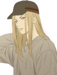  1boy arm_behind_head baseball_cap blonde_hair blue_eyes commentary_request eyebrows_visible_through_hair grey_headwear grey_sweater hat long_hair looking_at_viewer male_focus mashima_shima mitsugi_(paradise) paradise_(visual_novel) parted_lips simple_background solo sweater upper_body white_background 