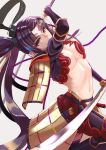  1girl absurdres armor breasts dual_wielding fate/grand_order fate_(series) highres holding holding_sword holding_weapon japanese_armor katana li_zhu long_hair looking_at_viewer open_clothes purple_hair simple_background solo stomach sword ushiwakamaru_(avenger)_(fate) weapon white_background yellow_eyes 