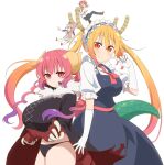  4girls blue_eyes breasts claws closed_mouth crossed_arms dragon_tail gloves gradient_hair horns huge_breasts iruru kanna_kamui key_visual kobayashi-san_chi_no_maidragon kobayashi_(maidragon) large_breasts long_hair looking_at_viewer maid maid_headdress multicolored_hair multiple_girls official_art oppai_loli orange_hair pants red_eyes redhead shirt slit_pupils smile tail tohru_(maidragon) transparent_background very_long_hair white_gloves white_hair 