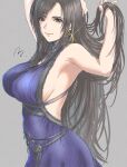  1girl arm_behind_head armpits arms_up bangs bare_shoulders black_hair breasts brown_eyes closed_mouth dress earrings final_fantasy final_fantasy_vii final_fantasy_vii_remake grey_background highres hoop_earrings jewelry long_hair mitsugu parted_bangs purple_dress shiny sideboob smile tifa_lockhart very_long_hair 