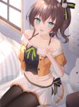  1girl :d aqua_eyes black_legwear black_ribbon blush breasts brown_hair calendar_(object) commentary_request eyebrows_visible_through_hair feet_out_of_frame from_above green_ribbon hair_between_eyes hair_ribbon highres hololive indoors long_hair looking_at_viewer midriff natsuiro_matsuri navel off-shoulder_shirt off_shoulder on_bed open_mouth orange_shirt pantyhose ribbon rotmico shirt short_sleeves side_ponytail sitting small_breasts smile solo v virtual_youtuber 