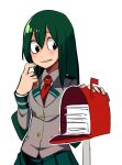  1girl asui_tsuyu azuumori black_eyes boku_no_hero_academia cowboy_shot fingernails green_hair green_skirt grey_jacket hand_up highres index_finger_raised jacket long_hair long_sleeves mailbox_(incoming_mail) necktie parted_lips pleated_skirt red_neckwear school_uniform shirt simple_background skirt solo white_background white_shirt wing_collar 