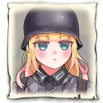  1girl bangs blonde_hair camouflage camouflage_jacket closed_mouth company_of_heroes german_army green_eyes hat helmet jacket long_hair looking_at_viewer lowres military military_hat military_uniform original portrait simple_background solo uniform white_background world_war_ii zhainan_s-jun 