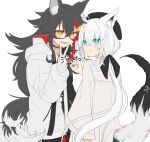  2girls ahoge animal_ear_fluff animal_ears black_choker black_hair black_hoodie blouse blue_eyes blush braid choker closed_mouth commentary cowboy_shot eyebrows_visible_through_hair fang fox_ears fox_tail glasses grey_blouse hair_between_eyes hair_ornament hololive hood hoodie long_hair long_sleeves looking_at_viewer looking_back multicolored_hair multiple_girls ookami_mio open_mouth paw_print_pattern pentagram pochimoto ponytail red-framed_eyewear redhead shirakami_fubuki side_braid simple_background single_braid smile streaked_hair tail two-tone_hair two-tone_hoodie v virtual_youtuber white_background white_hair white_hoodie wolf_ears wolf_tail yellow_eyes 