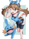  1girl ;d bare_arms bike_shorts black_shorts blue_bandana blue_shirt breasts brown_hair fanny_pack feet_out_of_frame gen_3_pokemon gonzarez grey_eyes highres leaning_forward may_(pokemon) medium_breasts mudkip one_eye_closed open_mouth poke_ball poke_ball_(basic) pokemon pokemon_(creature) pokemon_(game) pokemon_masters_ex pokemon_oras shirt shorts sleeveless sleeveless_shirt smile v white_shorts 