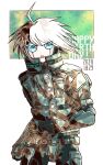  1boy :o ahoge android armor bangs black_gloves blue_eyes colored_skin commentary_request cowboy_shot dangan_ronpa_(series) dangan_ronpa_v3:_killing_harmony dated gloves green_background happy_birthday keebo kiri_(2htkz) looking_at_viewer male_focus open_mouth short_hair solo spiky_hair white_background white_hair white_skin 