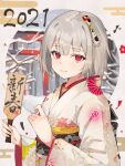  1girl 2021 absurdres animal_print blush chinese_zodiac closed_mouth hair_ornament hand_up happy_new_year highres holding japanese_clothes kimono motota new_year original paddle red_eyes sash short_hair silver_hair smile solo year_of_the_ox 