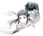  1boy 1girl ainu ainu_clothes artist_name asirpa bandana black_hair cape ear_piercing earrings from_behind fur_cape golden_kamuy greyscale hat holding holding_clothes holding_hat holding_whistle hoop_earrings jewelry kepi long_hair looking_at_viewer military military_hat monochrome piercing quiver scarf short_hair sidelocks signature simple_background spiky_hair sugimoto_saichi upper_body whistle white_background white_cape yoshimi 