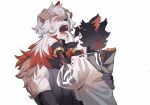  2boys 90fen5 aak_(arknights) animal_ears arknights bangs bare_shoulders black_hair black_shirt brown_fur cat_boy cat_ears detached_sleeves dog_boy dog_ears finger_in_another&#039;s_mouth furry highres horns hung_(arknights) male_focus medium_hair multicolored_hair multiple_boys orange_eyes orange_hair saliva saliva_trail shirt single_horn sleeveless sleeveless_shirt streaked_hair tearing_up toned toned_male two-tone_fur upper_body white_fur white_hair yellow_eyes 