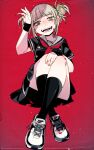  1girl :d bangs black_legwear black_shirt black_skirt blonde_hair blood blood_on_face blood_splatter blunt_bangs boku_no_hero_academia cross-laced_footwear crossed_legs double-breasted hand_up head_tilt highres kuroi_moyamoya legs_together looking_at_viewer neckerchief open_mouth red_background red_neckwear ringed_eyes sailor_collar school_uniform serafuku shirt shoes short_hair short_sleeves skirt slit_pupils smile socks solo thigh-highs toga_himiko twintails white_footwear white_sailor_collar wristband yellow_eyes 