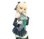  1girl black_bow black_legwear blonde_hair boots bow breasts cosplay cowboy_shot crypton_future_media detached_sleeves fate/grand_order fate_(series) hatsune_miku hatsune_miku_(cosplay) highres medium_breasts necktie okita_souji_(fate) okita_souji_(fate)_(all) short_hair short_ponytail skirt sleeveless thigh-highs thigh_boots vocaloid yatsuda_natto yellow_eyes zettai_ryouiki 