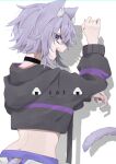  1girl ahoge animal_ear_fluff animal_ears back black_choker black_hoodie cat_ears cat_tail choker clothing_cutout commentary cowboy_shot english_text fangs food hair_between_eyes highres hololive hood hoodie light_purple_hair long_sleeves looking_at_viewer looking_back midriff nekomata_okayu onigiri open_mouth pants pochimoto shadow short_hair simple_background smile solo tail tail_cutout teeth violet_eyes virtual_youtuber white_background white_pants 
