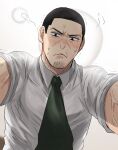  1boy alternate_costume black_eyes black_hair blush buzz_cut collared_shirt facial_hair golden_kamuy highres looking_at_viewer male_focus menma_kozo necktie pov shirt short_hair simple_background stubble sweatdrop tsukishima_hajime veins very_short_hair white_shirt 