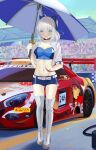  absurdres ahoge bangs belly blue_ribbon boots breasts car collar crop_top embarrassed fate/grand_order fate_(series) gray_(lord_el-melloi_ii) green_eyes grey_hair ground_vehicle highres jacket looking_at_viewer lord_el-melloi_ii medium_breasts motor_vehicle quatthro race_vehicle racequeen ribbon shorts solo umbrella waver_velvet 