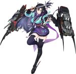  1girl artist_request bangs black_hair black_legwear blue_oath breasts closed_mouth full_body hair_between_eyes hair_ornament highres hip_vent holding holding_weapon japanese_clothes large_breasts leg_up long_hair myoukou_(blue_oath) obi official_art one_side_up purple_scarf rigging sash scarf solo thigh-highs transparent_background weapon yellow_eyes 