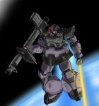  absurdres aron_e bazooka_(gundam) beam_saber dom floating glowing glowing_eye gun gundam highres holding holding_gun holding_sword holding_weapon looking_to_the_side mecha mobile_suit_gundam no_humans one-eyed science_fiction solo space sword violet_eyes weapon zeon 