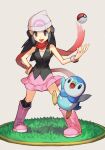  1girl beanie black_eyes black_hair hikari_(pokemon) gen_4_pokemon hair_ornament hairclip hand_on_hip hand_up hankuri hat hankuri long_hair looking_at_viewer open_mouth piplup pokemon pokemon_(creature) pokemon_(game) pokemon_dppt red_scarf scarf shirt shoes skirt solo starter_pokemon vest white_headwear 