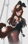  1girl animal_ear_fluff animal_ears ass bare_shoulders black_legwear black_leotard blush brown_hair bunny_tail ehrrr elbow_gloves eyebrows_visible_through_hair eyes_visible_through_hair fake_animal_ears fang fishnet_legwear fishnets gloves hair_over_one_eye highres imaizumi_kagerou leotard long_hair looking_at_viewer open_mouth pantyhose playboy_bunny rabbit_ears red_eyes solo standing strapless strapless_leotard tail touhou wolf_ears wolf_tail wrist_cuffs 