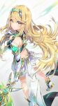  1girl absurdres ass back blonde_hair breasts chest_jewel earrings fire gloves hatsuga_(dmaigmai) highres jewelry large_breasts long_hair mythra_(xenoblade) skindentation smile solo sword very_long_hair weapon white_background xenoblade_chronicles_(series) xenoblade_chronicles_2 yellow_eyes 