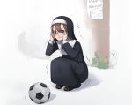  1girl ball bird broken brown_hair crack flower glasses habit hands_up highres little_nun_(diva) medium_hair ninini_pix nun shoes sign simple_background soccer_ball solo squatting trembling 