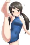  1girl armpits black_hair blue_leotard breasts brown_eyes commentary_request covered_navel cowboy_shot flying_sweatdrops idolmaster idolmaster_cinderella_girls kneepits leotard long_hair looking_at_viewer low_twintails nakano_yuka open_mouth pataneet simple_background sleeveless small_breasts solo split standing standing_on_one_leg standing_split turtleneck twintails white_background 