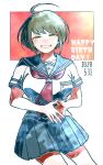  1girl ahoge bangs blue_skirt blush breasts brown_hair commentary_request contrapposto cowboy_shot dangan_ronpa_(series) dangan_ronpa_another_episode:_ultra_despair_girls dated fingers_together green_eyes grin half-closed_eyes happy_birthday kiri_(2htkz) large_breasts looking_at_viewer naegi_komaru neckerchief own_hands_together pleated_skirt red_neckwear school_uniform serafuku shiny shiny_hair shirt short_hair short_sleeves skirt smile solo white_background white_shirt 