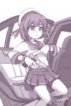  1girl bike_shorts car ebifly etorofu_(kantai_collection) eyebrows_visible_through_hair ground_vehicle gun handgun hat highres holding holding_gun holding_weapon kantai_collection lifted_by_self long_sleeves monochrome motor_vehicle parted_lips pleated_skirt purple_theme school_uniform serafuku shirt_lift short_hair side_braids signature simple_background skirt smith_&amp;_wesson_5906 solo standing trigger_discipline weapon white_background 