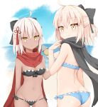  2girls ahoge bangs bikini black_bikini black_bow black_scarf blonde_hair blue_bikini bow breasts chewing closed_mouth eyebrows_visible_through_hair fate/grand_order fate_(series) food hair_bow hair_ornament ice_cream kamu_(geeenius) looking_at_viewer looking_back medium_breasts medium_hair multiple_girls navel okita_souji_(alter)_(fate) okita_souji_(fate) okita_souji_(fate)_(all) red_scarf scarf smile swimsuit water yellow_eyes 