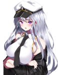  1girl azur_lane belt black_belt black_coat black_neckwear breasts coat collared_shirt crossed_arms enterprise_(azur_lane) gold_trim hat highres large_breasts long_hair m-&gt;g military_hat necktie open_clothes open_coat peaked_cap shirt silver_hair sleeveless sleeveless_shirt solo underbust upper_body very_long_hair violet_eyes white_shirt 