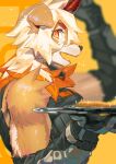  1boy ahonobo animal_ears arknights bangs bare_shoulders black_shirt blurry blurry_background blush brown_fur detached_sleeves dog_boy dog_ears from_side furry highres holding holding_plate horns hung_(arknights) looking_at_viewer male_focus medium_hair multicolored_hair orange_eyes orange_hair pectorals plate shirt single_horn sleeveless sleeveless_shirt streaked_hair toned toned_male two-tone_fur upper_body white_fur white_hair yellow_eyes 
