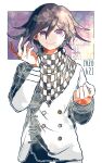  1boy bangs black_hair checkered checkered_scarf closed_mouth commentary_request cowboy_shot dangan_ronpa_(series) dangan_ronpa_v3:_killing_harmony dated double-breasted eyebrows_visible_through_hair hair_between_eyes hands_up happy_birthday kiri_(2htkz) long_sleeves looking_at_viewer male_focus ouma_kokichi pants purple_background purple_hair scarf smile solo straitjacket violet_eyes white_background 