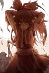  1girl absurdres adjusting_hair arms_up bandaged_arm bandages bangs bow commentary dress gohei hair_bow hakurei_reimu highres huge_filesize long_hair looking_at_viewer mouth_hold ponytail red_dress royl scratches solo torn_clothes torn_sleeves touhou upper_body white_background 