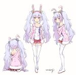  1girl :o animal_ears azur_lane bangs blush breasts collarbone commentary_request eyebrows_visible_through_hair facing_away fake_animal_ears full_body fur_trim hairband laffey_(azur_lane) long_hair looking_at_viewer moupii_(hitsuji_no_ki) multiple_views parted_lips pink_coat pleated_skirt rabbit_ears red_skirt shirt signature silver_hair simple_background skirt small_breasts standing thigh-highs twintails very_long_hair white_background white_legwear white_shirt zettai_ryouiki 