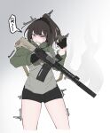  1girl absurdres assault_rifle black_hair blush brown_eyes crying crying_with_eyes_open gloves gun highres holding holding_gun holding_weapon jacket long_hair null-3 original ponytail rifle shorts snot solo tears trembling weapon 