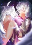  1girl absurdres blurry blurry_foreground breasts brooch calpis118 closed_mouth covering_mouth dark_background dress eyebrows_visible_through_hair feathered_wings feathers feet_out_of_frame green_brooch highres jewelry kishin_sagume long_sleeves medium_breasts medium_hair purple_dress solo touhou white_hair white_wings wings 