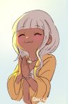  1girl artist_name bangs blue_eyes blunt_bangs blush bracelet closed_eyes closed_mouth collarbone commentary cropped_torso dangan_ronpa_(series) dangan_ronpa_v3:_killing_harmony dark_skin dark-skinned_female facing_up grey_background hands_up jacket jewelry long_hair necklace own_hands_together pearl_necklace qosic sketch smile solo yellow_jacket yonaga_angie 