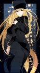  1girl absurdly_long_hair black_border black_capelet black_dress blonde_hair border brown_eyes capelet closed_mouth copyright_request dress fur_hat hat highres kuroi_moyamoya long_hair long_sleeves looking_at_viewer outside_border solo very_long_hair 