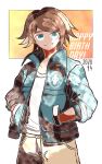  1boy asahina_yuuta bangs beige_pants blue_eyes brown_background brown_hair character_name collarbone commentary_request cowboy_shot dangan_ronpa_(series) dangan_ronpa_another_episode:_ultra_despair_girls dated green_jacket hands_in_pockets happy_birthday jacket kiri_(2htkz) long_sleeves looking_at_viewer male_focus open_clothes open_jacket pants shirt short_hair smile solo standing white_background white_shirt 