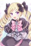  1girl :d armor armored_dress bangs black_bow black_dress blonde_hair blush bow dress elise_(fire_emblem) faulds fire_emblem fire_emblem_fates hair_bow highres kousetsu long_hair looking_at_viewer multicolored_hair open_mouth pink_neckwear purple_hair shiny shiny_hair smile solo standing two-tone_hair very_long_hair violet_eyes 