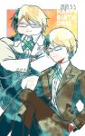  2boys bangs blonde_hair blue_eyes brown_jacket brown_pants closed_mouth collared_shirt commentary_request crossed_arms crossed_legs dangan_ronpa:_trigger_happy_havoc dangan_ronpa_(series) dangan_ronpa_2:_goodbye_despair dated dress_shirt fat fat_man glasses hand_in_pocket happy_birthday jacket kiri_(2htkz) long_sleeves looking_at_viewer male_focus multiple_boys necktie pants school_uniform semi-rimless_eyewear shiny shiny_hair shirt short_hair sitting smile spoilers standing togami_byakuya togami_byakuya_(dangan_ronpa_2) under-rim_eyewear white_background white_jacket 