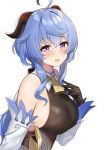  1girl :d ahoge ayul_(ayulneri_92) bangs bare_shoulders bell black_gloves blue_hair blush bodystocking breasts detached_sleeves eyebrows_visible_through_hair from_side ganyu_(genshin_impact) genshin_impact gloves hand_on_own_chest highres horns large_breasts long_hair long_sleeves looking_at_viewer looking_to_the_side open_mouth sideboob sidelocks smile solo underbust upper_body very_long_hair violet_eyes 