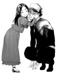  1boy 1girl alternate_costume alternate_headwear asirpa bangs black_footwear black_hair black_shirt blush cheek-to-cheek closed_eyes closed_mouth commentary_request couple dog_tags dress from_side full_body golden_kamuy greyscale hand_on_another&#039;s_face hand_on_another&#039;s_head hat hetero hug kimidake long_dress long_hair long_sleeves looking_at_another monochrome no_bandana no_headwear one_eye_closed open_mouth pants parted_lips puffy_long_sleeves puffy_sleeves scar scar_on_cheek scar_on_face scar_on_mouth scar_on_nose shirt shoes short_hair simple_background sitting smile spiky_hair squatting standing sugimoto_saichi thick_eyebrows two-tone_headwear white_background white_legwear 
