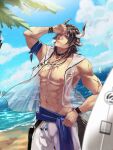  1boy abs absurdres animal_ears arknights bare_pecs beach brown_eyes brown_hair bulge cow_boy cow_ears cow_horns cowboy_shot day earrings gengetsu_(14255909) head_tilt highres horns jewelry looking_at_viewer male_focus male_swimwear matterhorn_(arknights) matterhorn_(beach_guard)_(arknights) medium_hair muscular muscular_male navel nipples outdoors pectorals see-through shorts solo stomach surfboard swim_trunks swimwear tooth_necklace wet wet_clothes white_shorts 