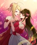  2girls :d ahoge akamatsu_kaede alternate_hairstyle arm_around_waist bagns bangs bare_shoulders blonde_hair blunt_bangs breasts brown_hair center_frills collarbone dancing dangan_ronpa_(series) dangan_ronpa_v3:_killing_harmony dress dress_flower flower frills gradient gradient_background hair_flower hair_ornament hairclip harukawa_maki highres holding_hands interlocked_fingers long_hair looking_at_another medium_breasts mole mole_under_eye multiple_girls musical_note_hair_ornament nanin official_alternate_costume open_mouth pink_flower pink_ribbon red_dress red_eyes red_flower red_shirt ribbon shirt short_hair smile sparkle sparkle_background yuri 