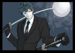 1boy black_eyes black_gloves blue_hair collared_shirt fate/grand_order fate_(series) formal gloves hand_on_weapon highres holding holding_sword holding_weapon katana male_focus moon necktie over_shoulder saitou_hajime_(fate) shirt short_hair smirk suit sword sword_over_shoulder upper_body weapon weapon_over_shoulder 
