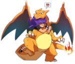  1boy blurry champion_uniform charizard claws closed_eyes dark_skin dark_skinned_male dynamax_band facial_hair fire flame gen_1_pokemon gloves heart highres hug hug_from_behind leon_(pokemon) long_hair male_focus morio_(poke_orio) partially_fingerless_gloves pokemon pokemon_(creature) pokemon_(game) pokemon_swsh purple_hair shirt shoes short_sleeves single_glove smile wristband 