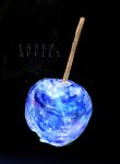  black_background blue_theme candy_apple cocon_(cocon_q) commentary_request english_text food food_focus highres light_particles no_humans original simple_background still_life 